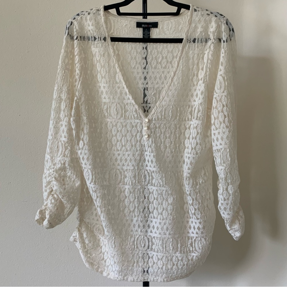 Style & Co. Cream Lace V-Neck Tunic Top Size Large